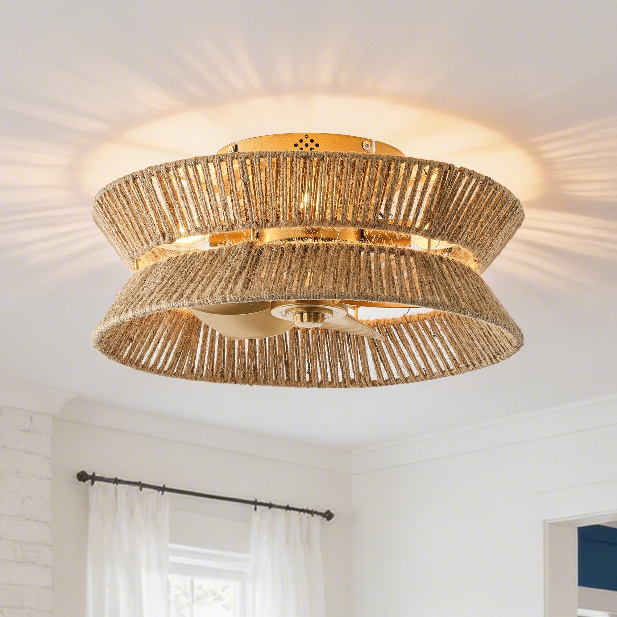 18-inch Boho Distressed Gold Hand Hemp Rope Flush Mount Light Ceiling Fan with Remote - 17.7" W x 8.19" H