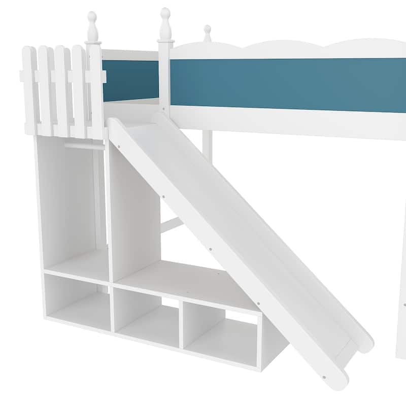 Full Loft Bed with Storage Shelves and Wardrobe, Solid Wood Loft Beds with Detachable Slide and Ladders, No Spring Box Needed