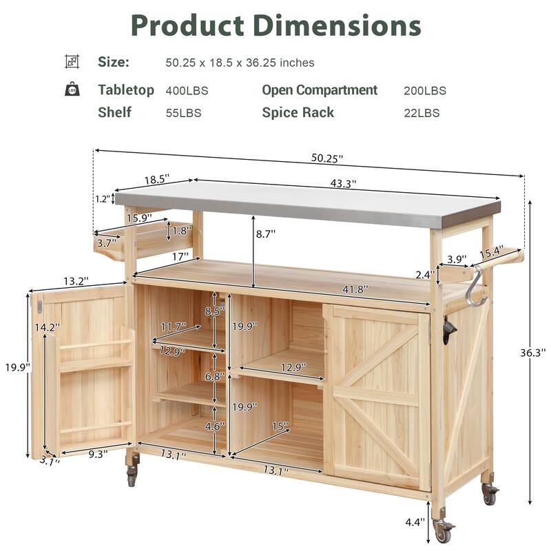 Chichoice Farmhouse Outdoor Kitchen Island with Stainless Steel Top on Wheels - Rolling Grill Cart with Storage for BBQ - N/A
