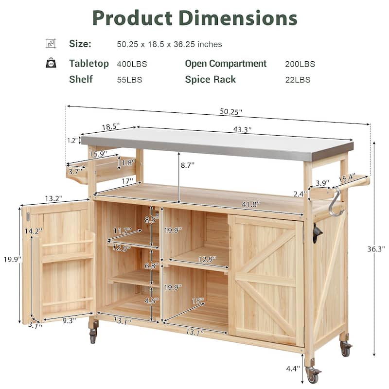 Outdoor Kitchen Island, Rolling Bar Cart & Storage Cabinet,Solid Wood Grill Table with Stainless Steel Top,Spice Rack,Towel Rack