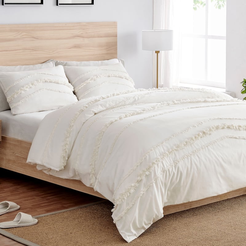Sweet Jojo Designs Ivory Bohemian Boho Chic Queen Duvet Cover Bedding Set Farmhouse Minimalist Macrame Tufted Trim Fringe Cotton