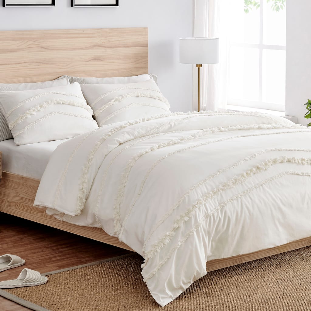 Sweet Jojo Designs Ivory Bohemian Boho Chic Queen Duvet Cover Bedding Set Farmhouse Minimalist Macrame Tufted Trim Fringe Cotton