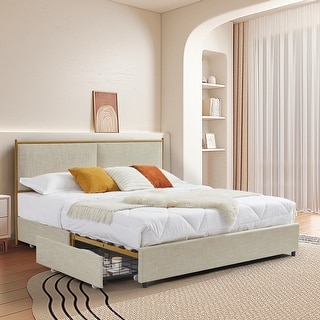 Metal Bed Frame,Solid Wood Ribs with 4 Storage Drawers,Sponge Soft Bag ...