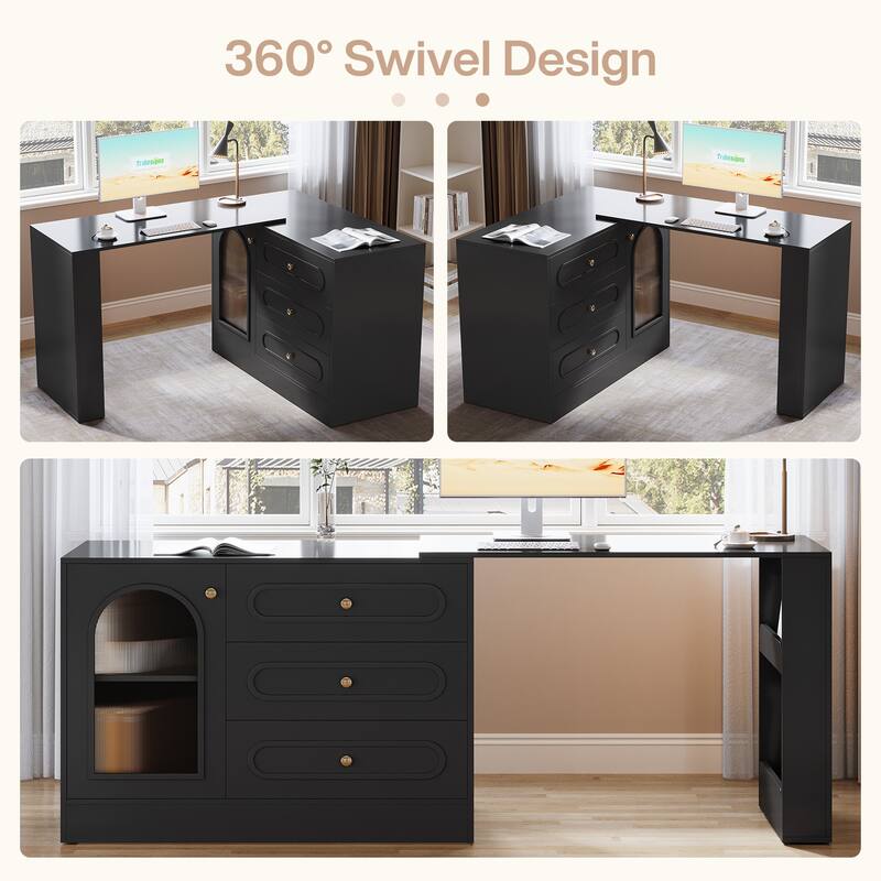 Modern 360° Rotatable Computer Desk, Executive Desk with 3 Drawers