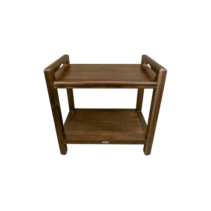 DecoTeak Eleganto 20" Solid Teak Shower Stool With LiftAide Arms And Shelf - WoodLand Brown Finish