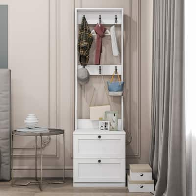 2-in-1 Coat Rack and Nightstand,Wood Entryway Storage Organizer with Drawer & Hooks, Freestanding Clothes Hanger