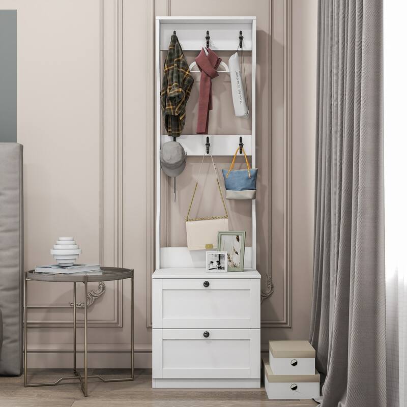 Anmytek 2-in-1 Wood Coat Rack Nightstand Storage Organizer with Drawer and Hooks Freestanding Clothes Hanger - White