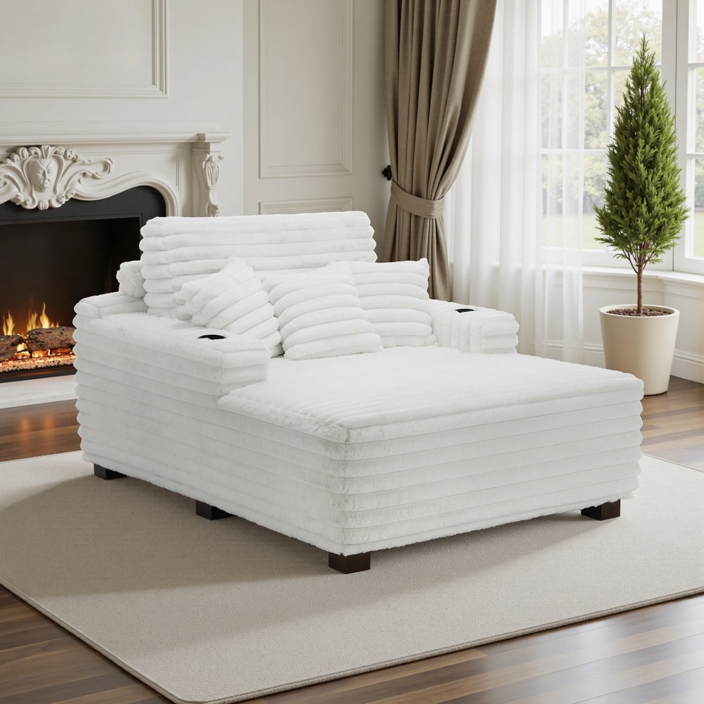 Indoor 53" Oversized Plush Chaise Lounge with Pillows and Cup Holder