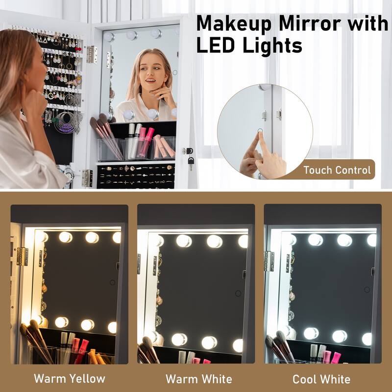 360 Rotating Full Length Mirror Jewelry Cabinet with LED Lights and Ample Storage Shelves - 17" x 15" x 63"
