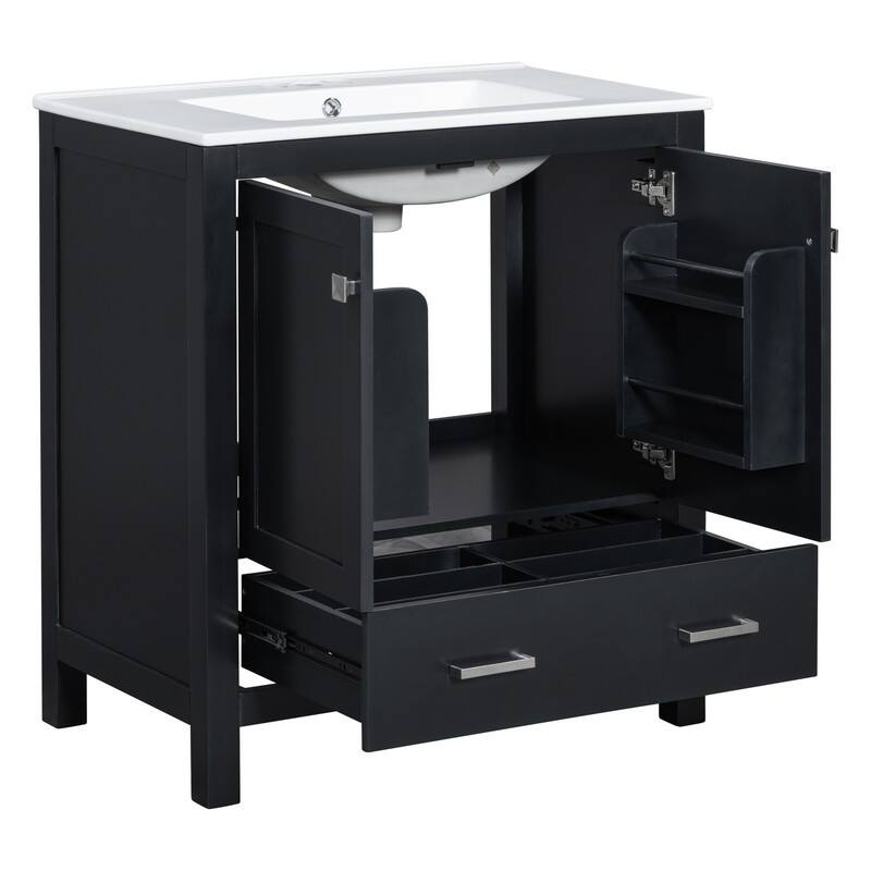 30" Black Solid Wood Bathroom Vanity Set - Undermount Sink Combo with 2 Doors, 1 Drawer & Soft-Close Mechanism‌