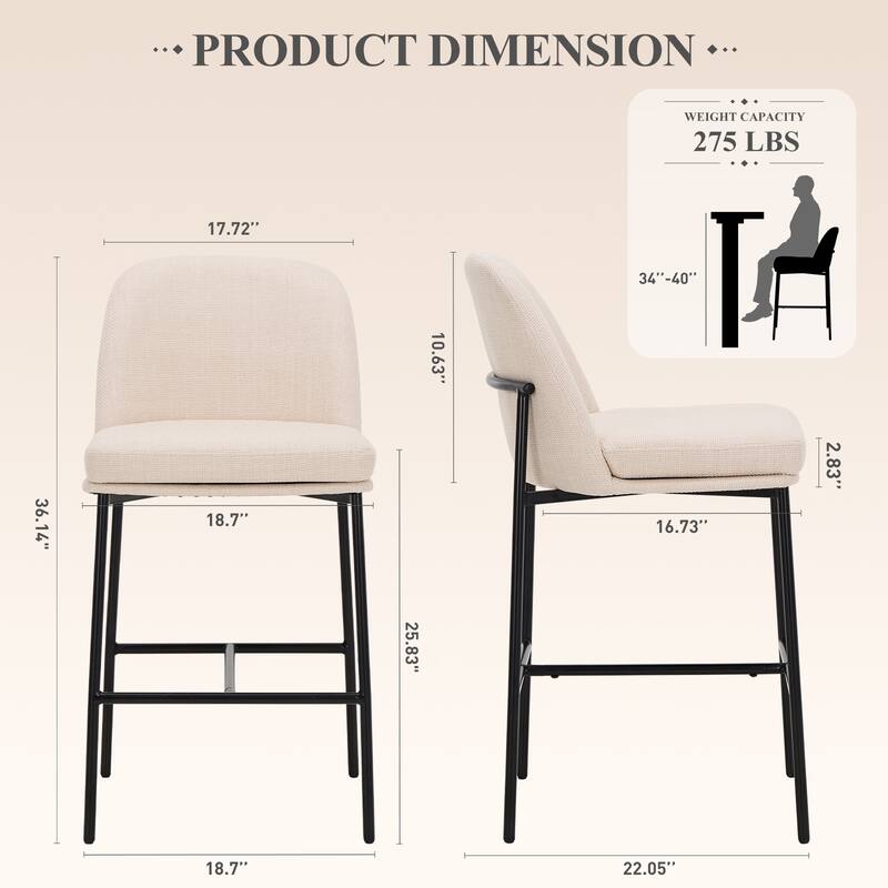 25" Counter Stools Set of 2 - Fabric Upholstered w/Metal Legs - Back Support For Kitchen & Bar