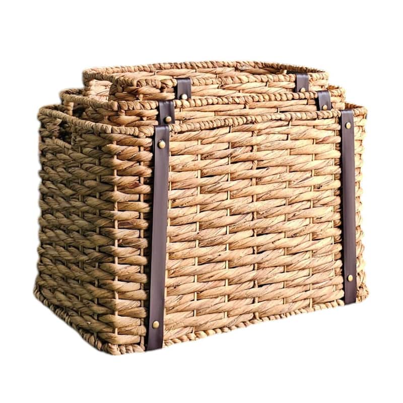 DreamPatio Rosa Water Hyacinth Basket Set with PU Leather (3 pieces)