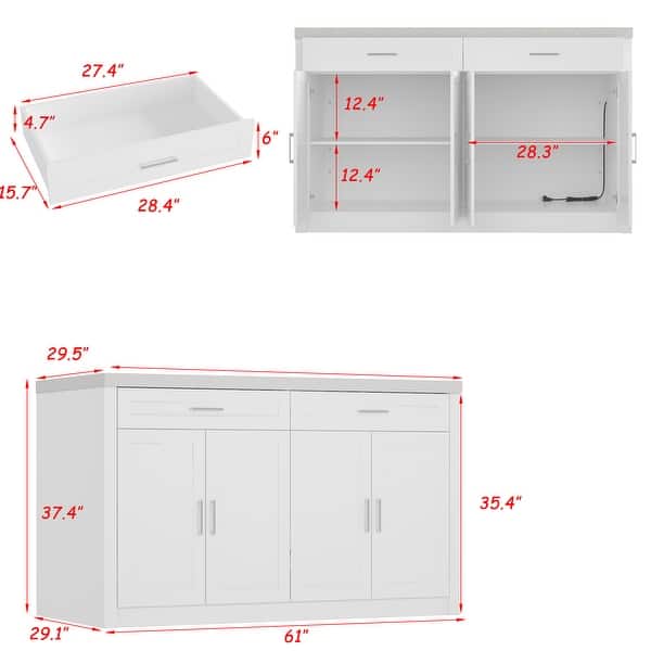 dimension image slide 2 of 3, Kitchen Island with Storage Cabinet, White Kitchen Island Table with Drawers & Shelves Pantry