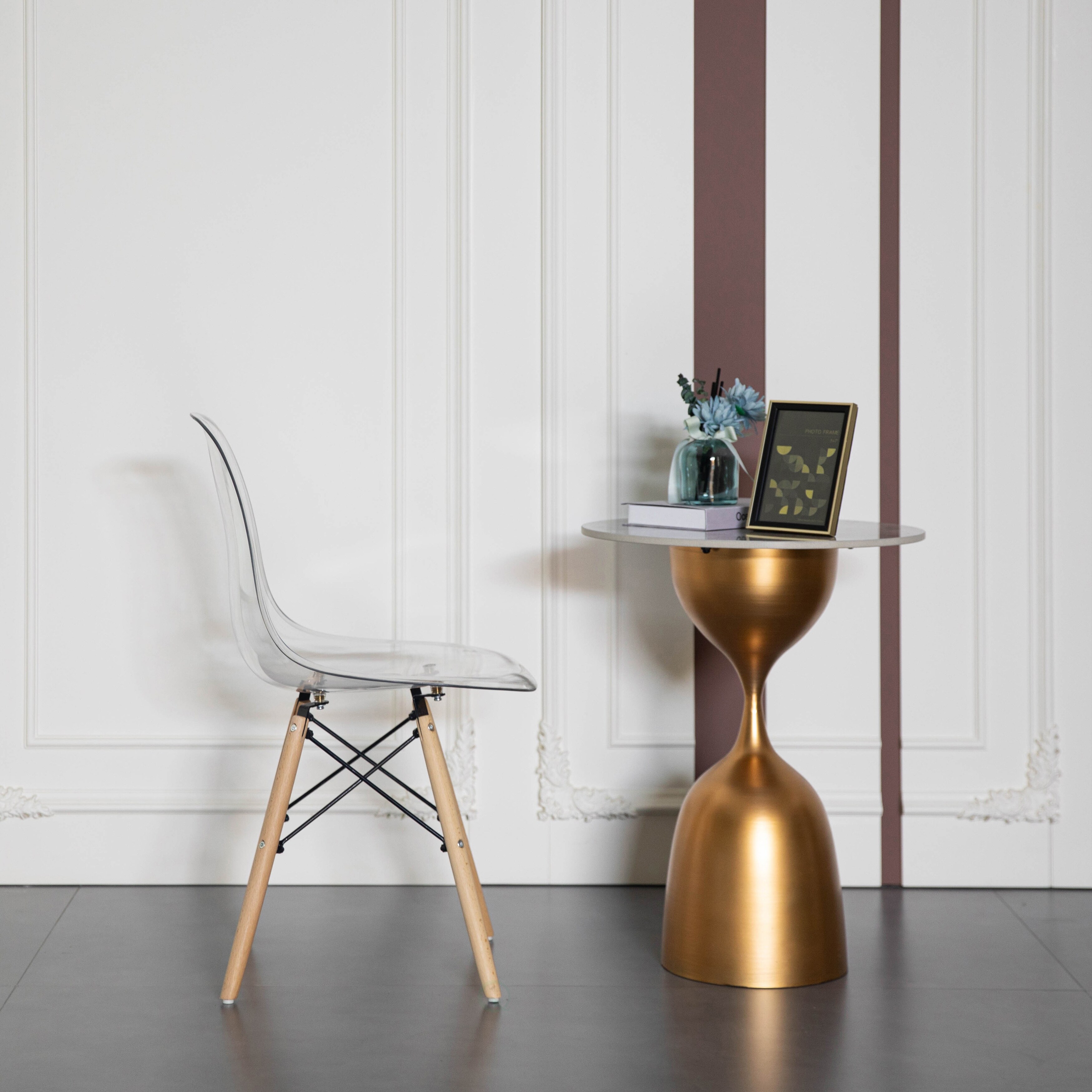 Mid-Century Modern Style Dining Chair with Wooden Dowel Eiffel Legs, DSW Transparent Plastic Shell Accent Chair