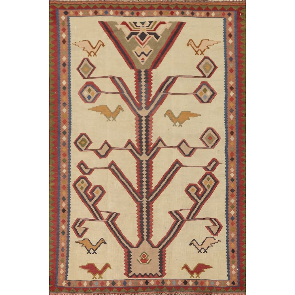 Vegetable Dye Kilim Qashqai Persian Vintage Wool Carpet - 4'2" x 6'5"