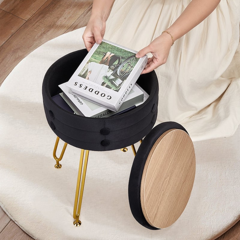 VECELO 18.5"H Multi-Functional Velvet Vanity Stool Tufted Small Vanity Chair with Metal Legs Convertible Storage End Table