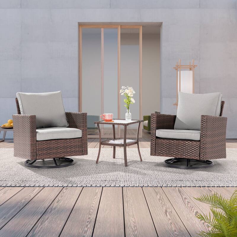 LIVOOSUN 3-Piece Patio Sofa Set Brown Rattan Swivel Rocking Chair Glass Table - Linen Grey