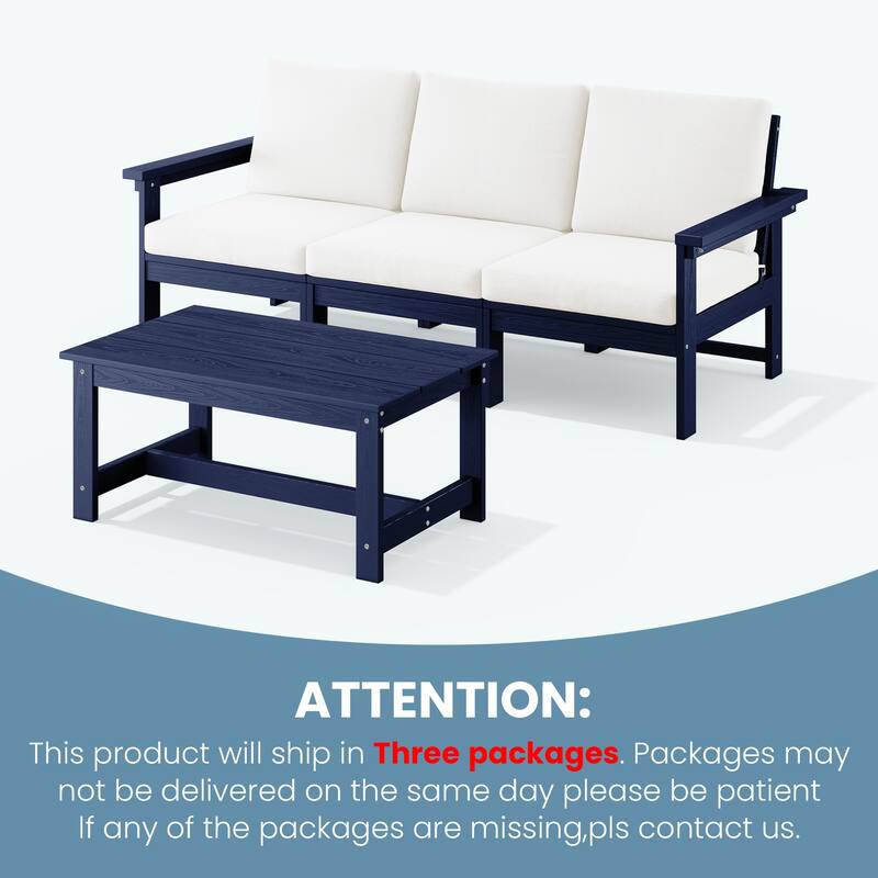 Outdoor Patio HDPE 3-Seat Sofa and Coffee Table Set, Removable Cushions Included