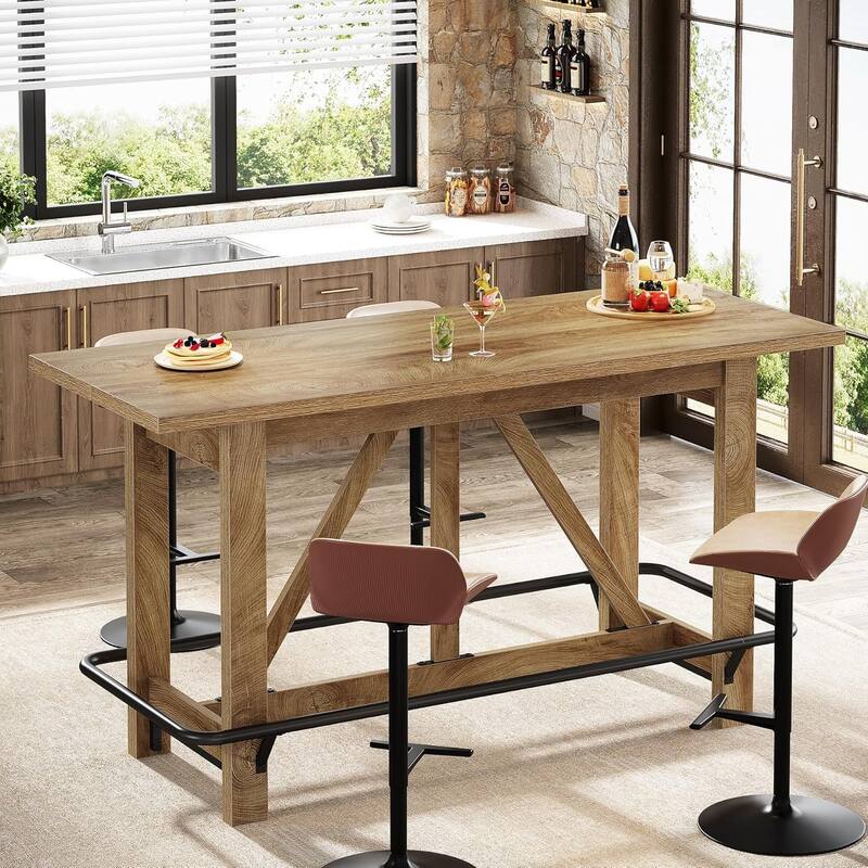 63" Bar Table for Kitchen Island, Long Counter Height Pub Table with Footrest - 63" L x 23.2" W x 35.4" H