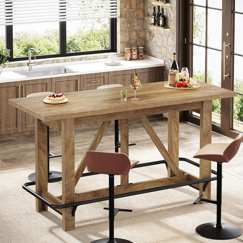 63 inch Bar Table, Long Counter Height Pub Dining Table with Footrest, Home Bar Furniture