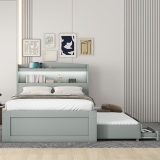 Wood Storage Platform Bedframe with LED Headboard & Charging Station