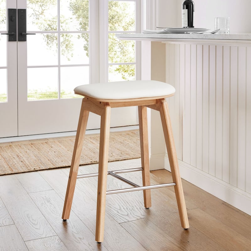 26-Inch Faux Leather Wood Counter Stools Set of 1/2/3 - 26"H x 18.1"L x 16.5"D - Single - Natural Legs