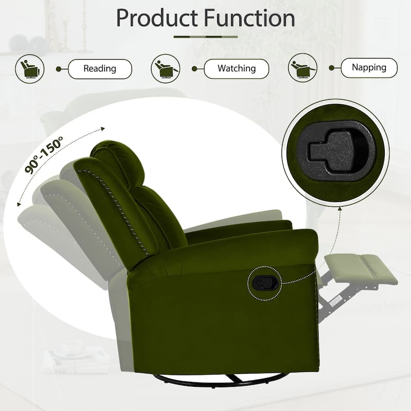 Home Theater Swivel Recliner Chair, Manual Rocking Nursery Rocker w/Adjustable Backrest Rolled Arms Lounge Chair with Rivet Trim