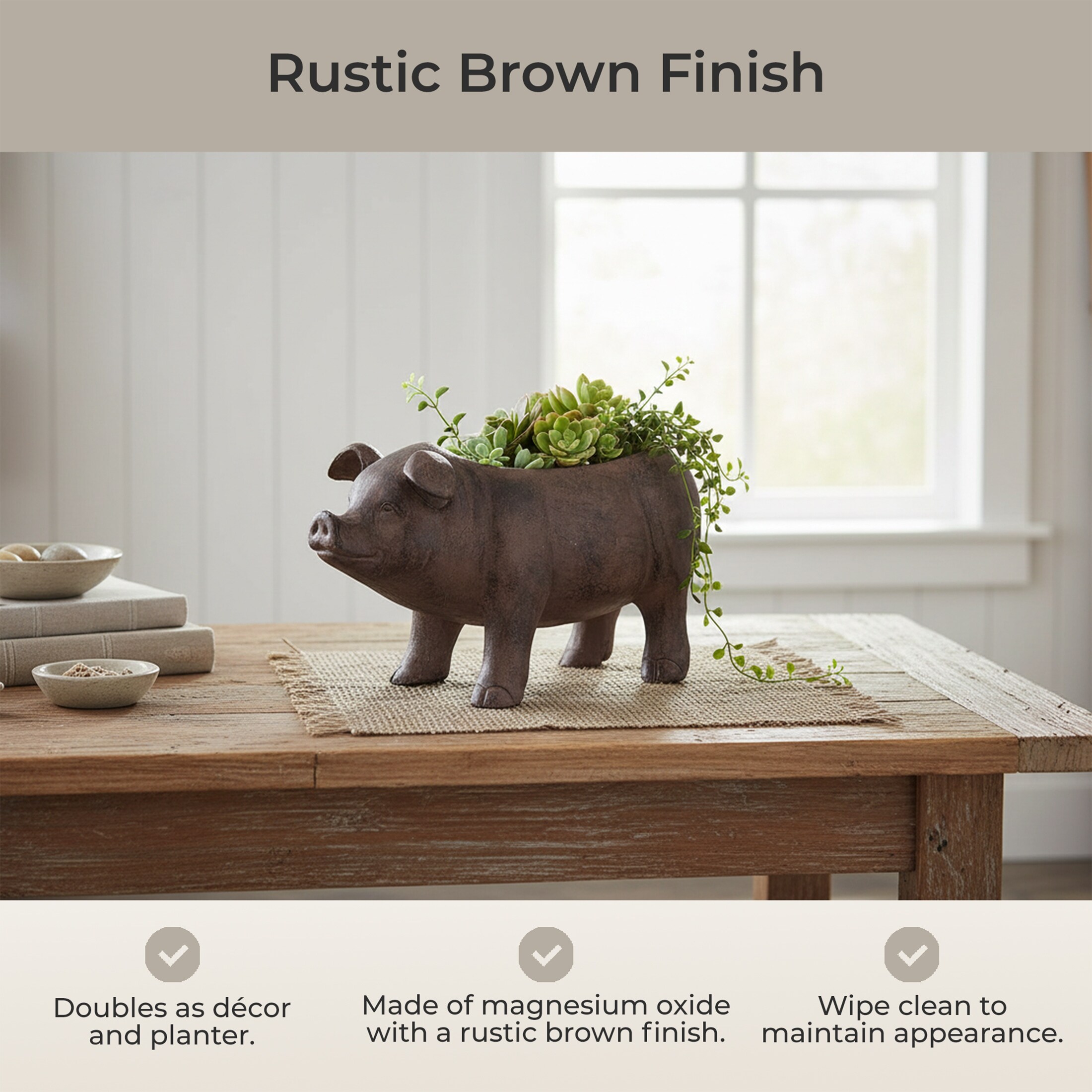 Pig ☆ Zeckos 17 Inch Brown Finish Smiling Pig Resin Planter Plant Pot