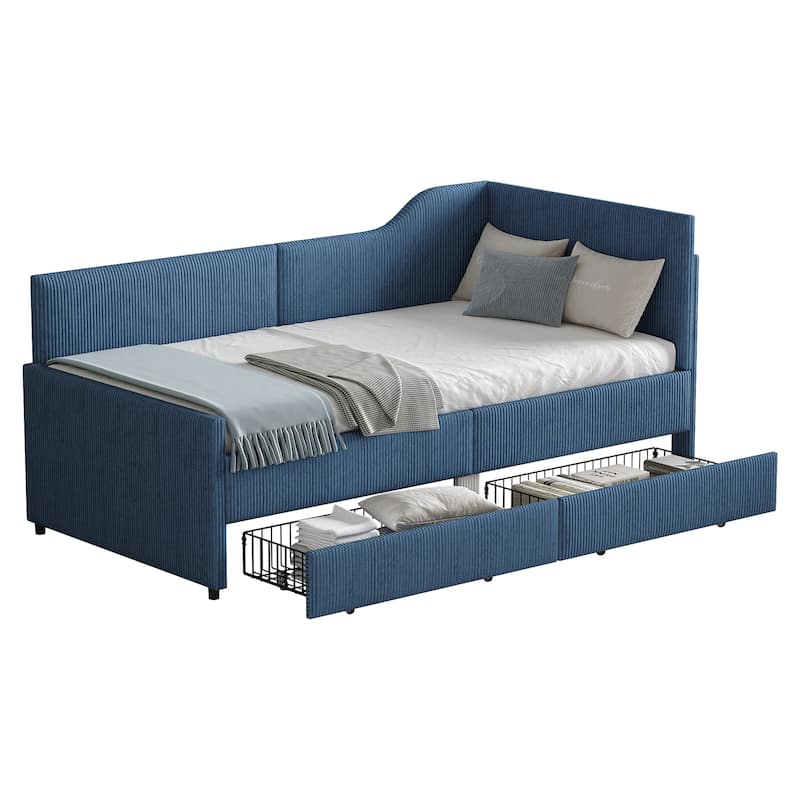 L-Shaped Twin Daybed with Storage Drawers, Corduroy Upholstered Frame, Blue