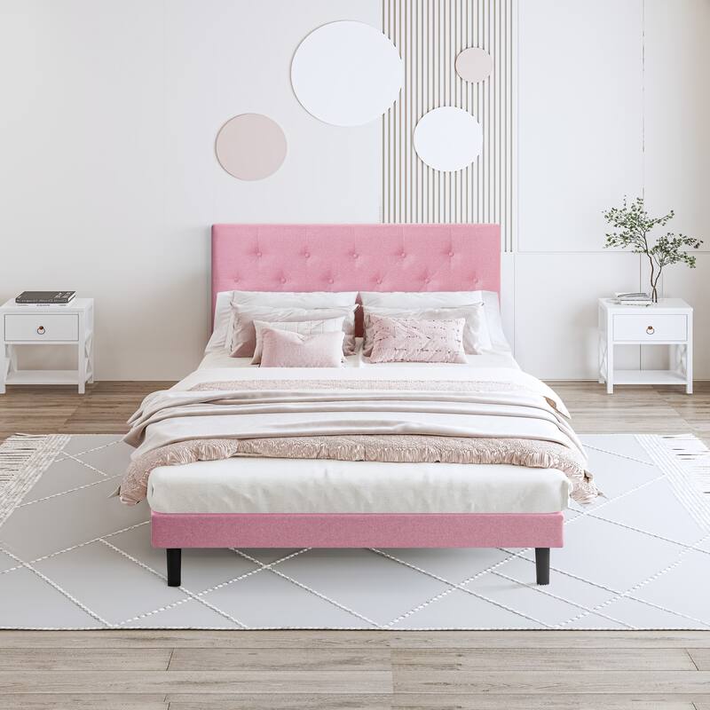 Queen Size Upholstered Platform Bed Frame with Modern Button Tufted Linen Fabric Headboard, Wood Slat Support, for Men Women
