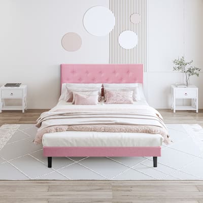 Upholstered Bed Frame with Button Tufted Linen Headboard
