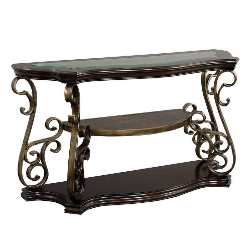 Roomfitters Modern Sofa Table with Glass Top, Faux Marble MDF Shelf and Metal Legs, Entryway or Living Room Console Table, White