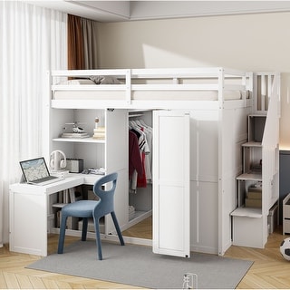 White Full Size Bunk Bed with Wardrobe, Desk, and Shelves for Kids