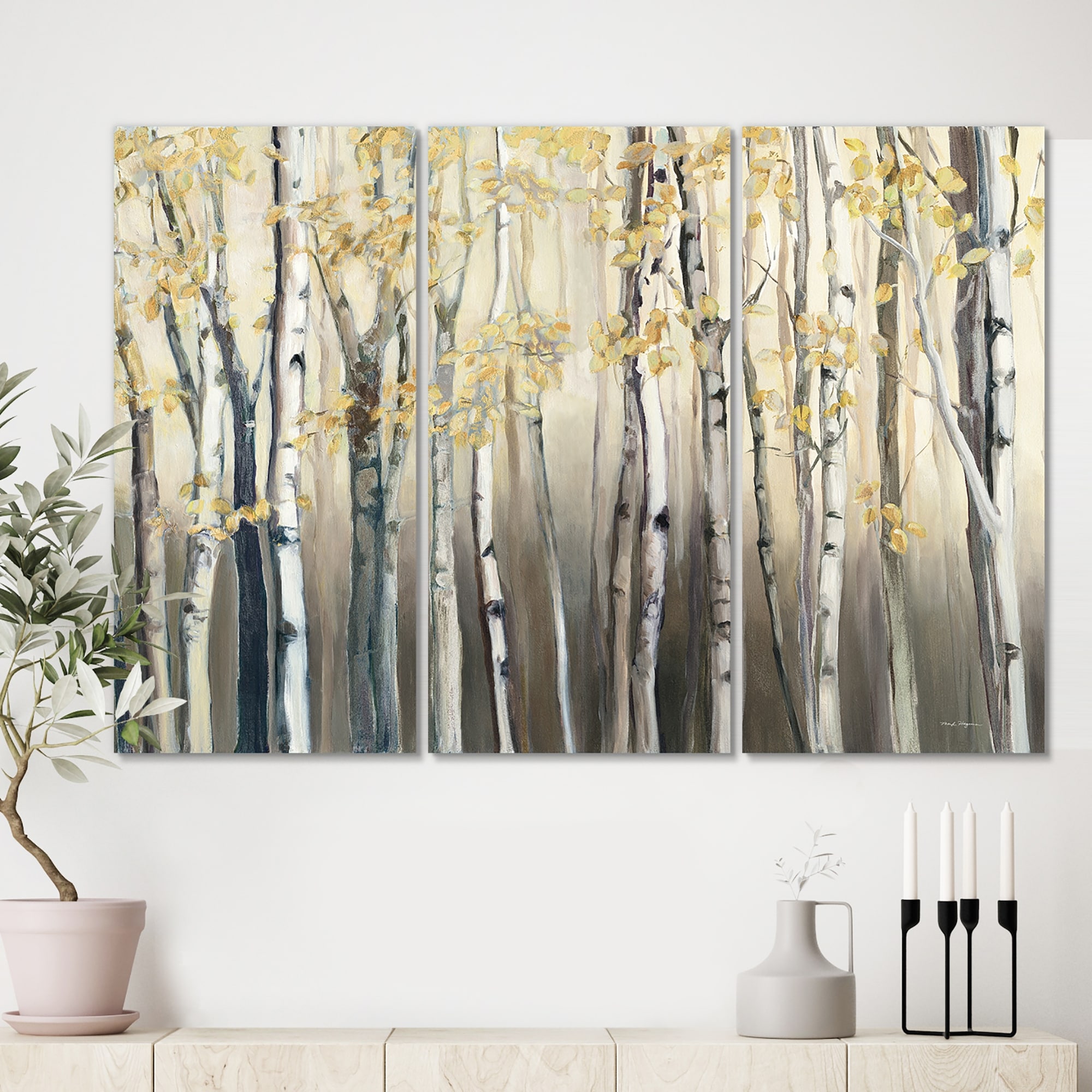 Birch Tree Autumn view Fashion Canvas Poster Abstract Art Painting For Living Room Home Decor luxury Art 3 sets of golden Aspen shadows