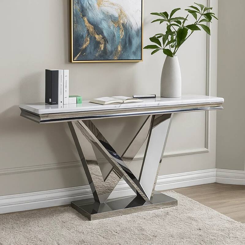 Vily Sofa Console Table, Beveled Faux Marble, Chrome Steel V-Base