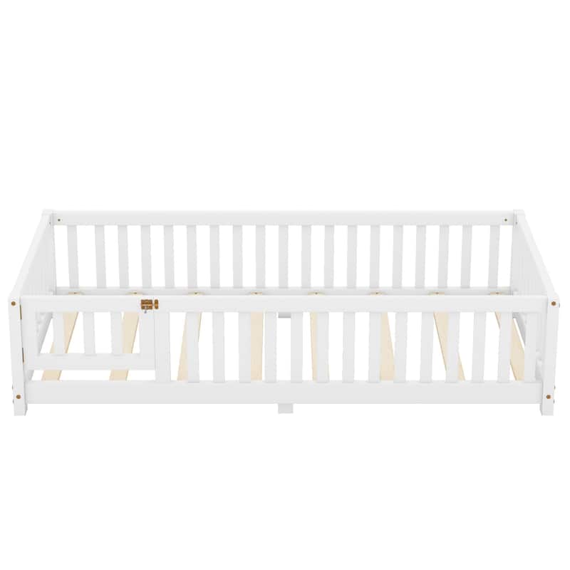 Pine Wood Floor Bed with Safety Guardrails and Door for Kids
