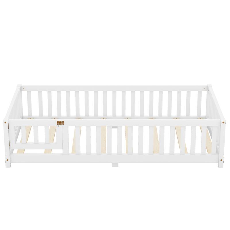 White Twin Size Pine Wood Floor Bed with Safety Guardrails and Door for Kids, Boys, Girls, Bedroom