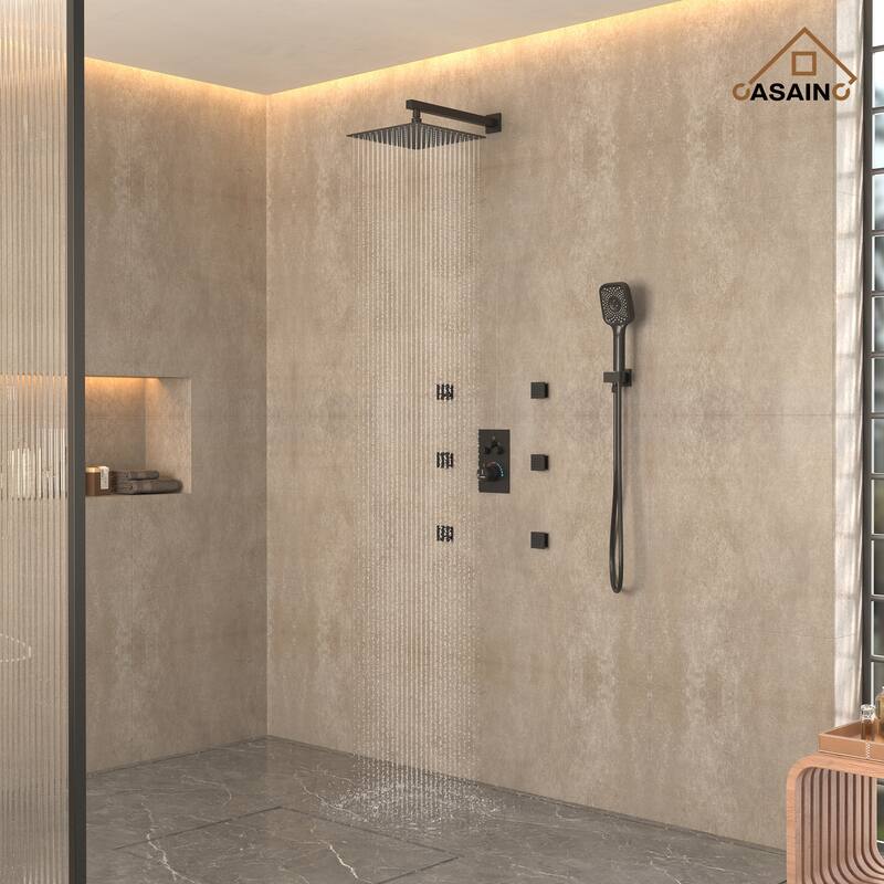Wall Mount 12 Inch Rainfall Shower Head 3 Function Thermostatic Shower System with 6 Body Jets