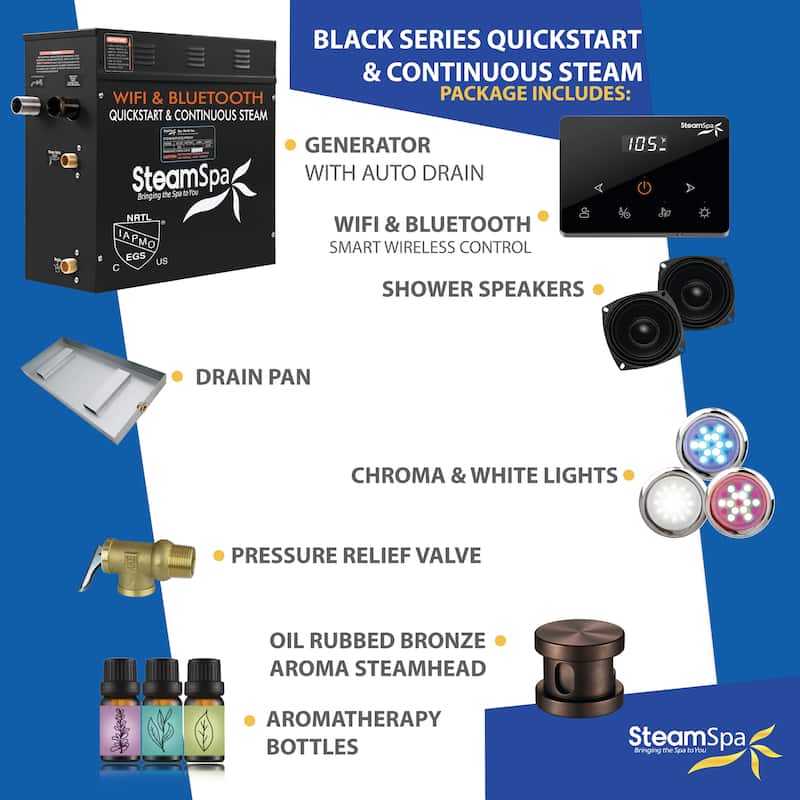 Black Series Steam Bath Generator with Fully Wireless Remote, BLUETOOTH, WIFI, and Auto Drain - 7.5 KW