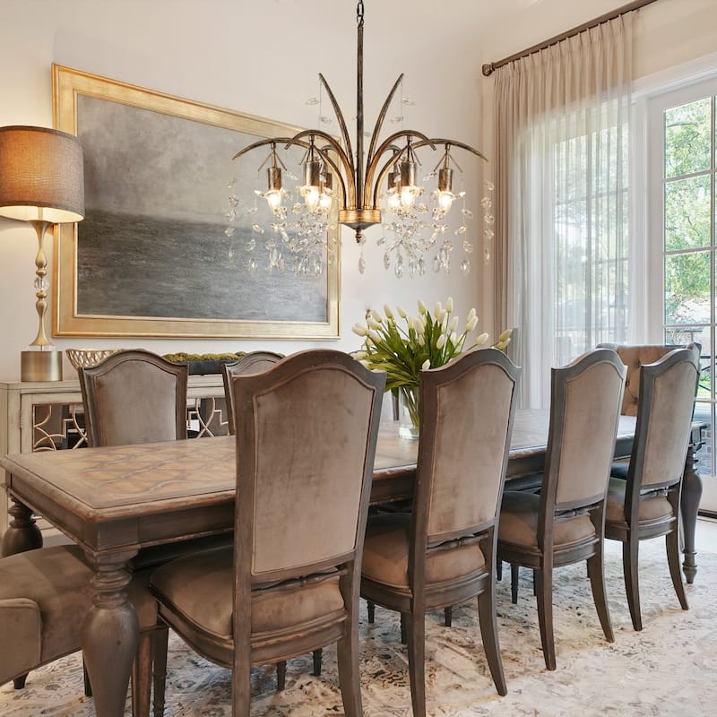 6 - Light Classic/Traditional Bronze Chandelier with Crystal Accents - Antique Bronze - W 27.6"