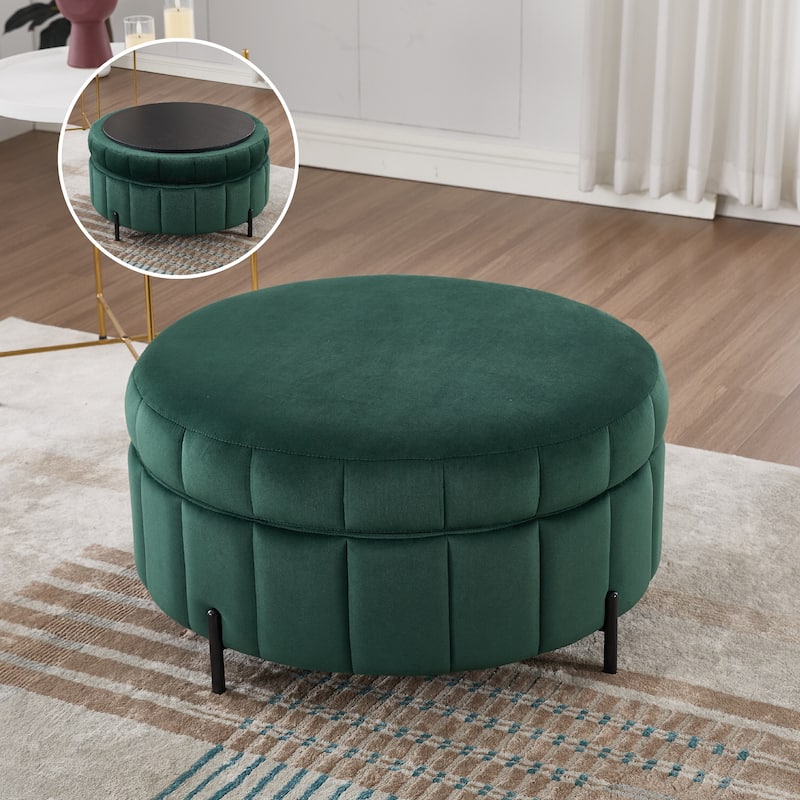 Roomfitters Round Velvet Storage Ottoman Coffee Table, Reversible Lid Footrest for Living Room Bedroom Office - Green