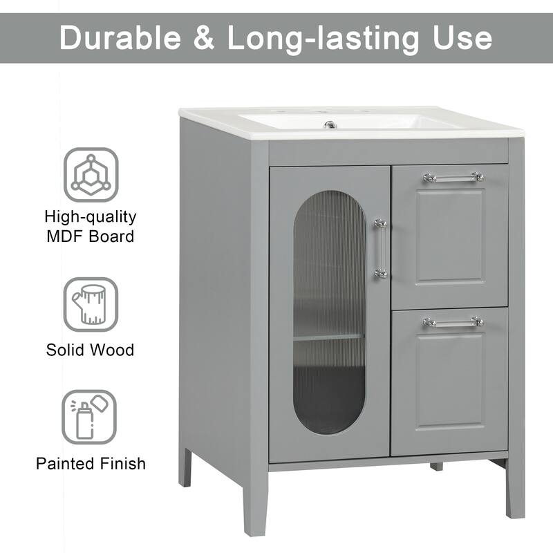 24" Black Bathroom Vanity with Sink - Solid Wood & MDF, Moru Glass Door, 2 Drawers, Adjustable Shelf