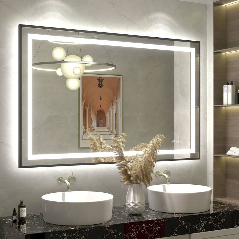 Black Metal Framed LED Front Light and Backlit Anti-Fog Wall Bathroom/ Vanity Mirror - 48" x 30"-Square Corner - Black