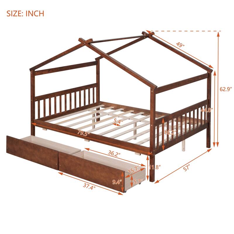 Kids Playhouse Bed Platform Bed with 2 Drawers and Roof, Sturdy Wooden Daybed for Kids, Easy Assembly, No Box Spring Needed