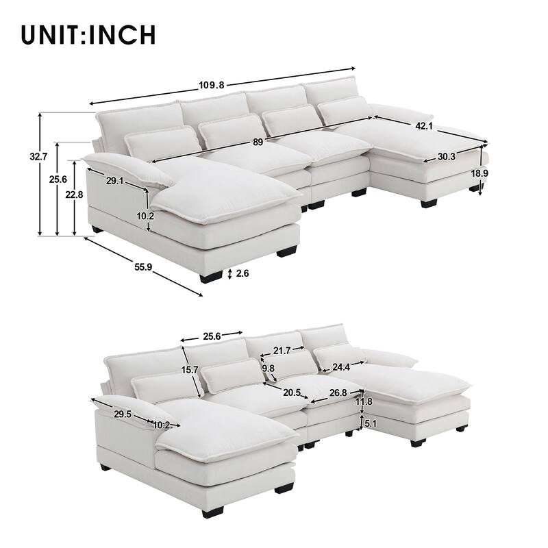 6-seat Upholstered Modern U-shaped Sectional Sofa with Waist Pillows,Sleeper Sofa Couch with Chaise Lounge