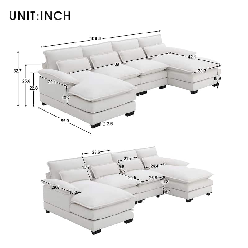 Modern U-shaped Sectional Sofa with Waist Pillows and Chaise Lounge