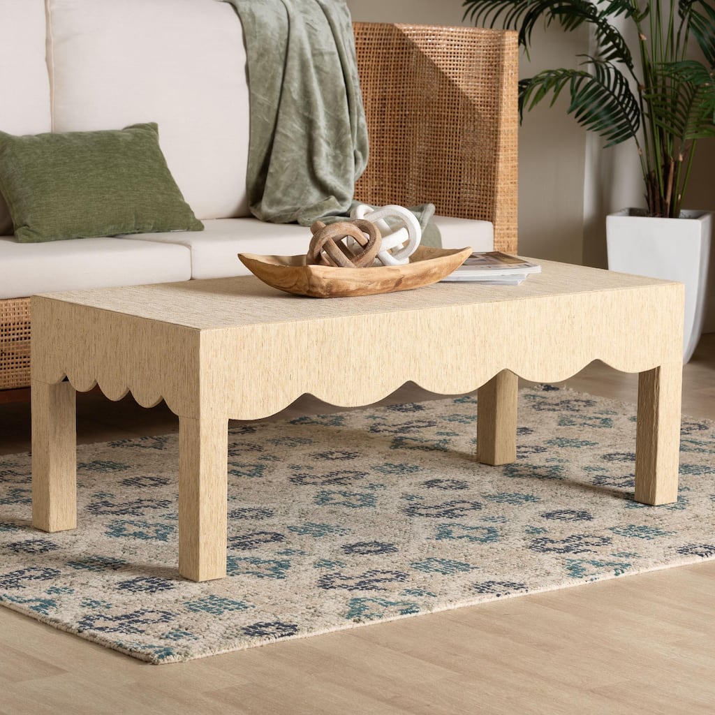 Mason Natural Grasscloth Coffee Table - Rectangular Accent Table with Scalloped Apron, Modern Coastal Living Room Centerpiece