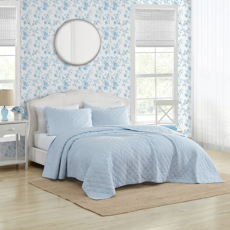 Laura Ashley Oxford Stripe Cotton Reversible Blue Quilt Set