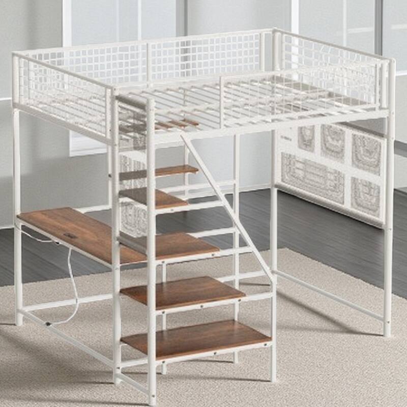 Full Size Metal Loft Bed with Built-In Desk, RGB LED Lights, Charging Station, and Sturdy Guardrails, Bedroom Furniture - White