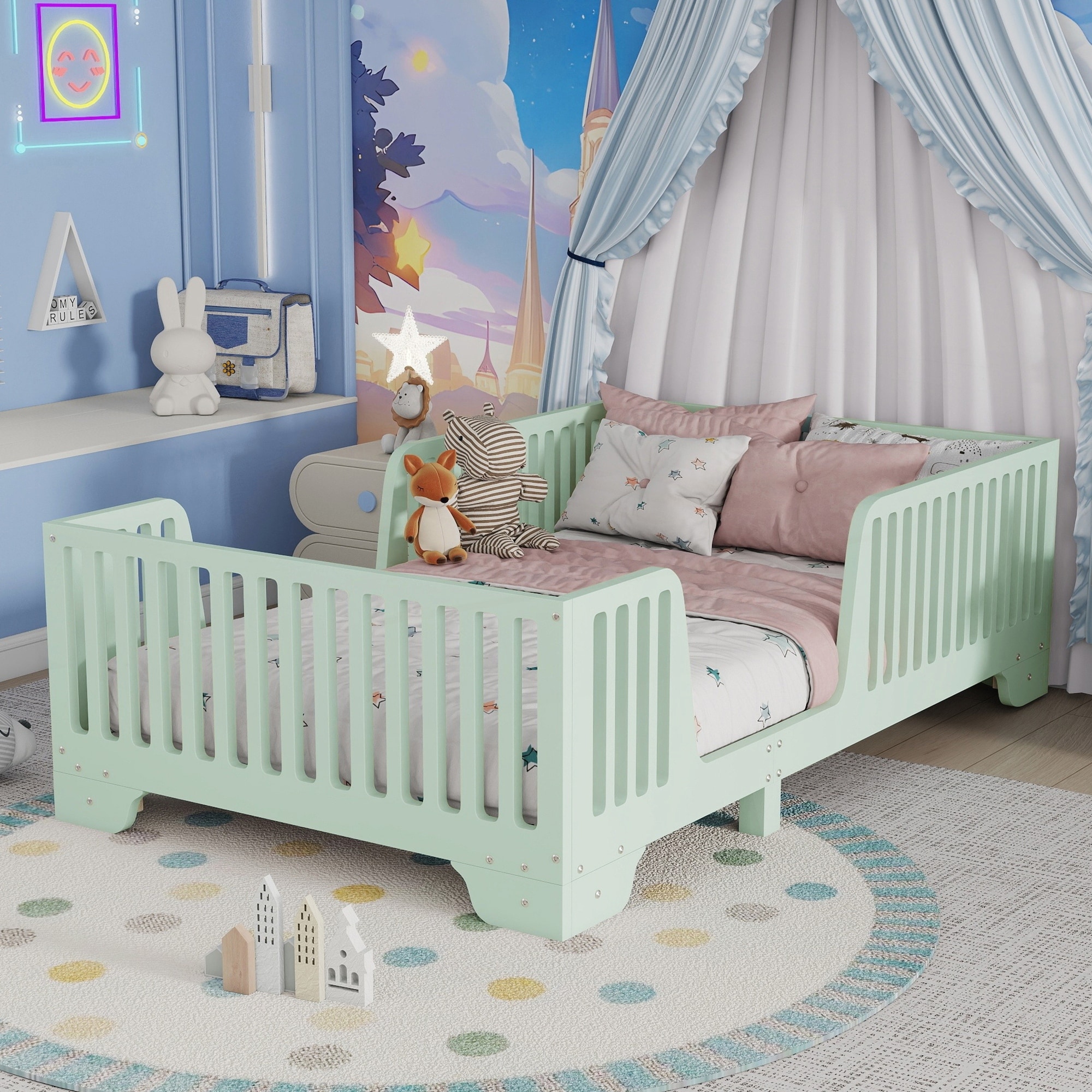 Floor Bed with Slats and Fence,Montessori Floor Beds with Door, No Box Spring Needed